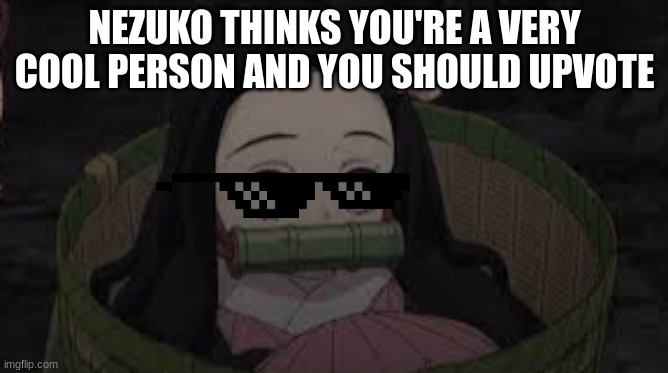 Nezuko In A Basket | NEZUKO THINKS YOU'RE A VERY COOL PERSON AND YOU SHOULD UPVOTE | image tagged in nezuko in a basket | made w/ Imgflip meme maker