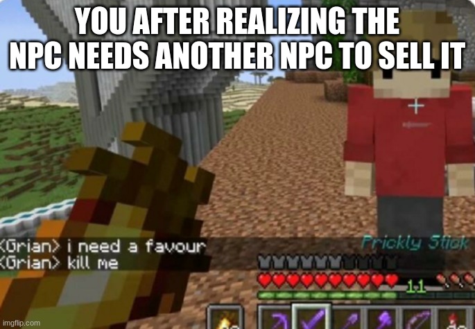 Kill me | YOU AFTER REALIZING THE NPC NEEDS ANOTHER NPC TO SELL IT | image tagged in kill me | made w/ Imgflip meme maker