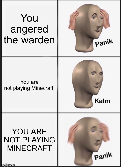 Panik Kalm Panik Meme | You angered the warden; You are not playing Minecraft; YOU ARE NOT PLAYING MINECRAFT | image tagged in memes,panik kalm panik | made w/ Imgflip meme maker