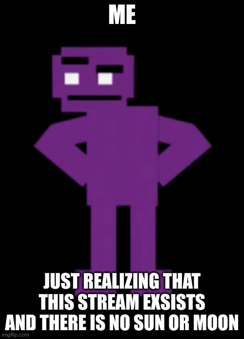 (Mod Note: True) | ME; JUST REALIZING THAT THIS STREAM EXSISTS AND THERE IS NO SUN OR MOON | image tagged in confused purple guy | made w/ Imgflip meme maker