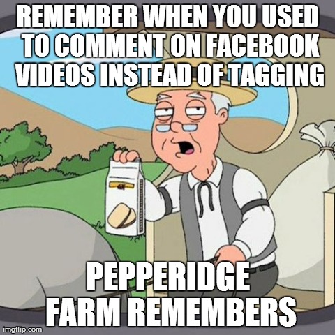 Pepperidge Farm Remembers Meme | REMEMBER WHEN YOU USED TO COMMENT ON FACEBOOK VIDEOS INSTEAD OF TAGGING PEPPERIDGE FARM REMEMBERS | image tagged in memes,pepperidge farm remembers | made w/ Imgflip meme maker
