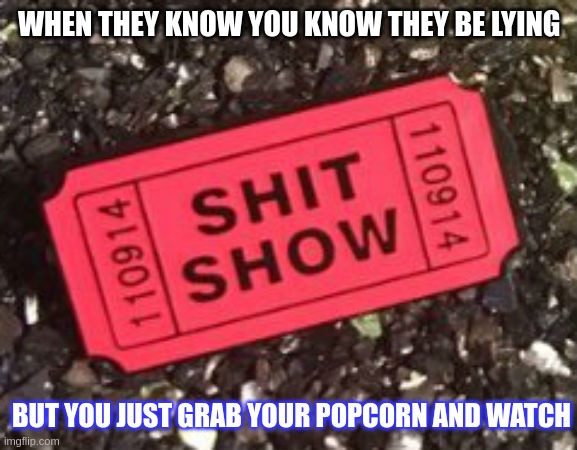 What you watch when someones lying | WHEN THEY KNOW YOU KNOW THEY BE LYING; BUT YOU JUST GRAB YOUR POPCORN AND WATCH | image tagged in shit show | made w/ Imgflip meme maker