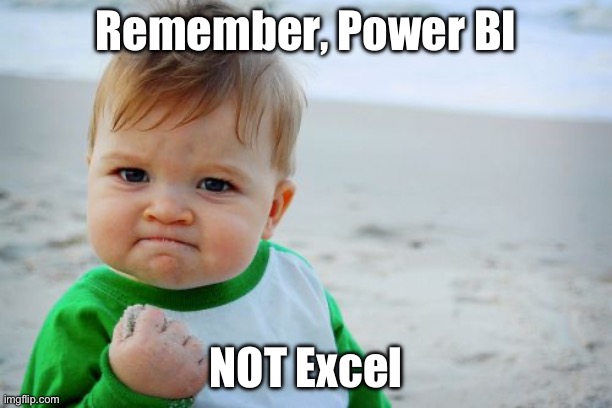 Success Kid Original Meme | Remember, Power BI; NOT Excel | image tagged in memes,success kid original | made w/ Imgflip meme maker