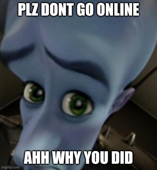 Megamind no bitches | PLZ DONT GO ONLINE; AHH WHY YOU DID | image tagged in megamind no bitches | made w/ Imgflip meme maker