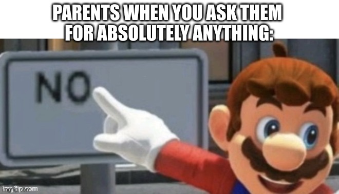 mario no sign | PARENTS WHEN YOU ASK THEM 
FOR ABSOLUTELY ANYTHING: | image tagged in mario no sign | made w/ Imgflip meme maker