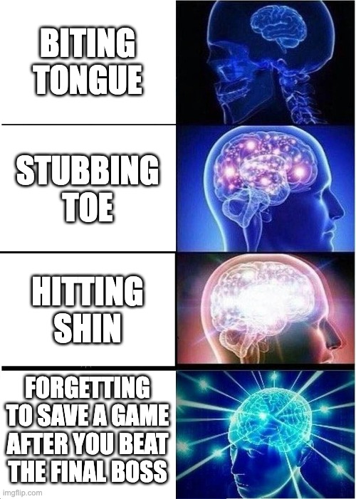 Expanding Brain Meme | BITING TONGUE; STUBBING TOE; HITTING SHIN; FORGETTING TO SAVE A GAME AFTER YOU BEAT THE FINAL BOSS | image tagged in memes,expanding brain | made w/ Imgflip meme maker