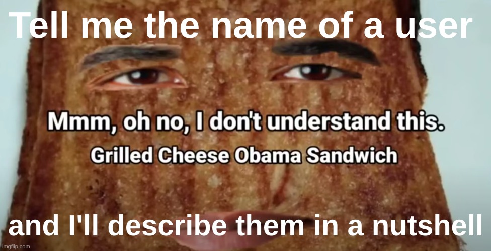 Grilled cheese Obama sandwich | Tell me the name of a user; and I'll describe them in a nutshell | image tagged in grilled cheese obama sandwich | made w/ Imgflip meme maker