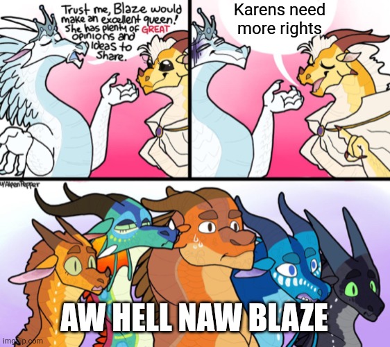 Blaze’s (not) great opinion | Karens need more rights; AW HELL NAW BLAZE | image tagged in blaze s not great opinion | made w/ Imgflip meme maker