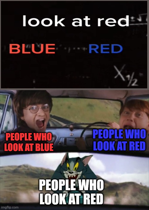 Tom chasing Harry and Ron Weasly | PEOPLE WHO LOOK AT RED; PEOPLE WHO LOOK AT BLUE; PEOPLE WHO LOOK AT RED | image tagged in tom chasing harry and ron weasly | made w/ Imgflip meme maker