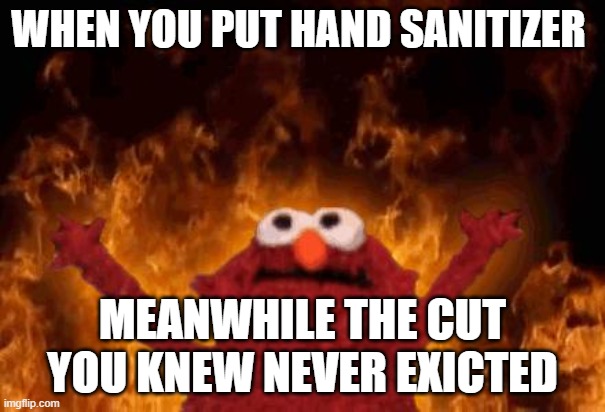 elmo maligno | WHEN YOU PUT HAND SANITIZER; MEANWHILE THE CUT YOU KNEW NEVER EXICTED | image tagged in elmo maligno | made w/ Imgflip meme maker
