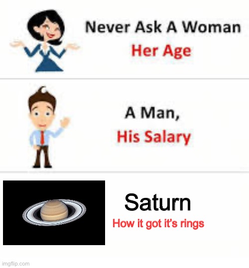 Search it up | Saturn; How it got it’s rings | image tagged in never ask a woman her age | made w/ Imgflip meme maker