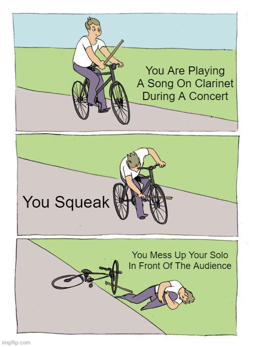 About To Have A Concert Soon; Hopefully This Doesn't Happen | You Are Playing A Song On Clarinet During A Concert; You Squeak; You Mess Up Your Solo In Front Of The Audience | image tagged in memes,bike fall,clarinet,music,concert,instruments | made w/ Imgflip meme maker