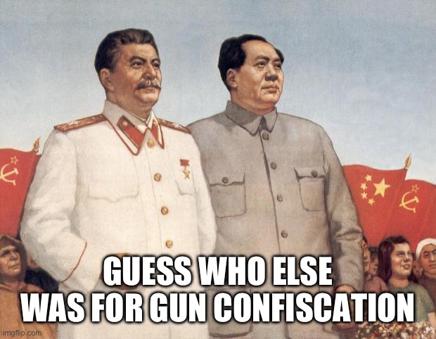 Stalin and Mao | GUESS WHO ELSE WAS FOR GUN CONFISCATION | image tagged in stalin and mao | made w/ Imgflip meme maker