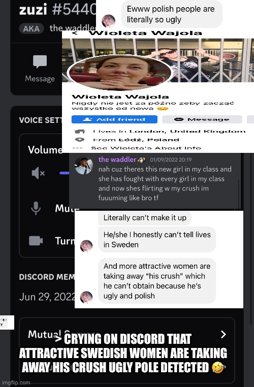 Zuzi The Ugliest Polish Subhuman On Socialize Discord crying about attractive Swedish women stealing his crush | > CRYING ON DISCORD THAT ATTRACTIVE SWEDISH WOMEN ARE TAKING AWAY HIS CRUSH UGLY POLE DETECTED 🤣 | image tagged in discord,polish,ugly,mental illness,depression,poland | made w/ Imgflip meme maker