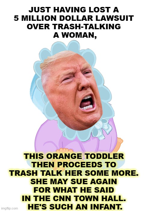 What kind of fool IS he? | JUST HAVING LOST A 
5 MILLION DOLLAR LAWSUIT 
OVER TRASH-TALKING 
A WOMAN, THIS ORANGE TODDLER 
THEN PROCEEDS TO 
TRASH TALK HER SOME MORE. 
SHE MAY SUE AGAIN 
FOR WHAT HE SAID 
IN THE CNN TOWN HALL. 
HE'S SUCH AN INFANT. | image tagged in trump,trash,talk,idiot,lawsuit,loser | made w/ Imgflip meme maker