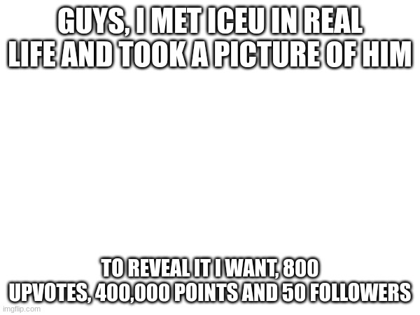 trade offer | GUYS, I MET ICEU IN REAL LIFE AND TOOK A PICTURE OF HIM; TO REVEAL IT I WANT, 800 UPVOTES, 400,000 POINTS AND 50 FOLLOWERS | image tagged in memes,funny,trade offer,blank white template | made w/ Imgflip meme maker