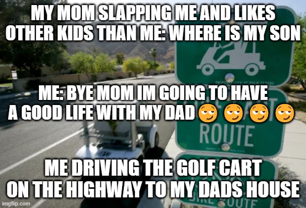 Taking The golf Cart On the Highway | MY MOM SLAPPING ME AND LIKES OTHER KIDS THAN ME: WHERE IS MY SON; ME: BYE MOM IM GOING TO HAVE A GOOD LIFE WITH MY DAD😏😏😏😏; ME DRIVING THE GOLF CART ON THE HIGHWAY TO MY DADS HOUSE | made w/ Imgflip meme maker
