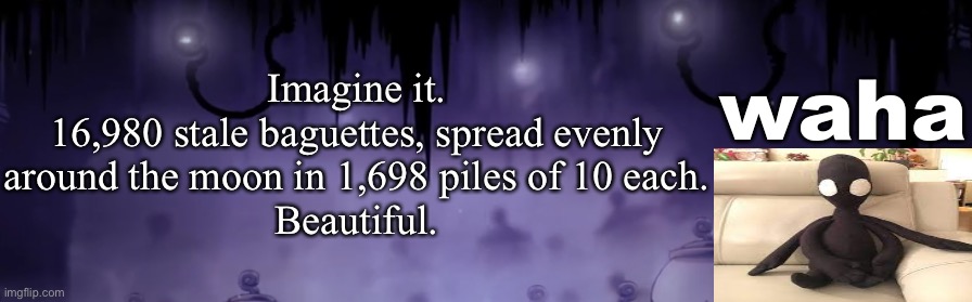 the waha temp | Imagine it.
16,980 stale baguettes, spread evenly around the moon in 1,698 piles of 10 each.
Beautiful. | image tagged in the waha temp | made w/ Imgflip meme maker