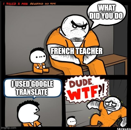 Srgrafo dude wtf | WHAT DID YOU DO; FRENCH TEACHER; I USED GOOGLE TRANSLATE | image tagged in srgrafo dude wtf | made w/ Imgflip meme maker