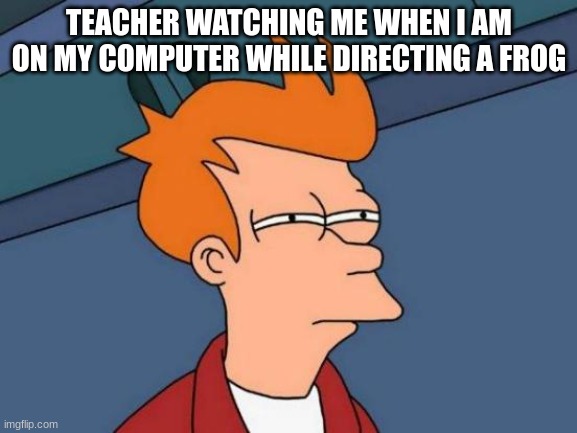 Whatcha doing there johnny? | TEACHER WATCHING ME WHEN I AM ON MY COMPUTER WHILE DIRECTING A FROG | image tagged in memes,futurama fry | made w/ Imgflip meme maker