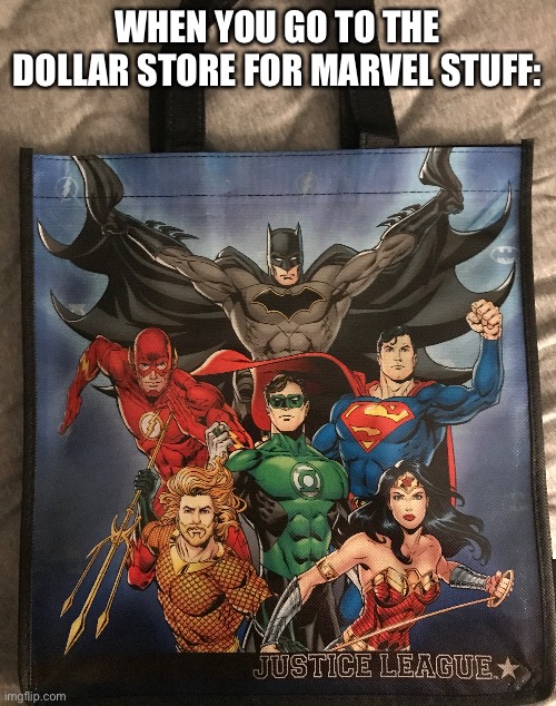 Cool bag though | WHEN YOU GO TO THE DOLLAR STORE FOR MARVEL STUFF: | image tagged in dc,vs,marvel | made w/ Imgflip meme maker