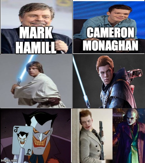 lol | CAMERON MONAGHAN; MARK HAMILL | image tagged in 6 panel | made w/ Imgflip meme maker