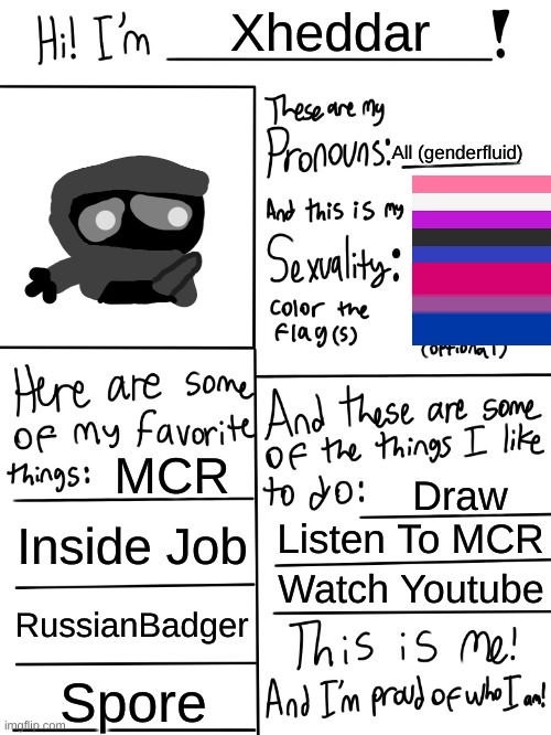 dis me | Xheddar; All (genderfluid); MCR; Draw; Inside Job; Listen To MCR; Watch Youtube; RussianBadger; Spore | image tagged in lgbtq stream account profile,dat me | made w/ Imgflip meme maker