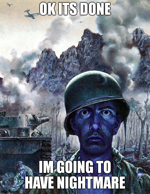 Soldier death stare | OK ITS DONE IM GOING TO HAVE NIGHTMARE | image tagged in soldier death stare | made w/ Imgflip meme maker