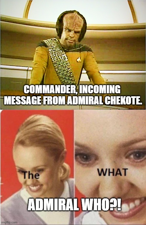 Gambit | COMMANDER, INCOMING  MESSAGE FROM ADMIRAL CHEKOTE. ADMIRAL WHO?! | image tagged in worf,excuse me the what | made w/ Imgflip meme maker
