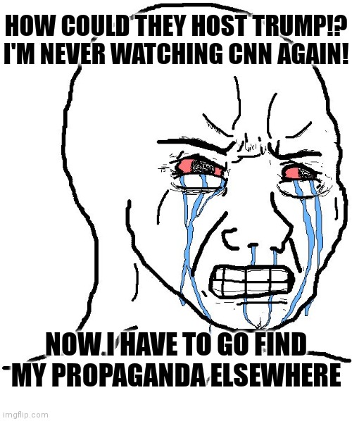 Those poor snowflakes | HOW COULD THEY HOST TRUMP!?
I'M NEVER WATCHING CNN AGAIN! NOW I HAVE TO GO FIND MY PROPAGANDA ELSEWHERE | image tagged in crying liberal,democrats,liberals,cnn,trump | made w/ Imgflip meme maker