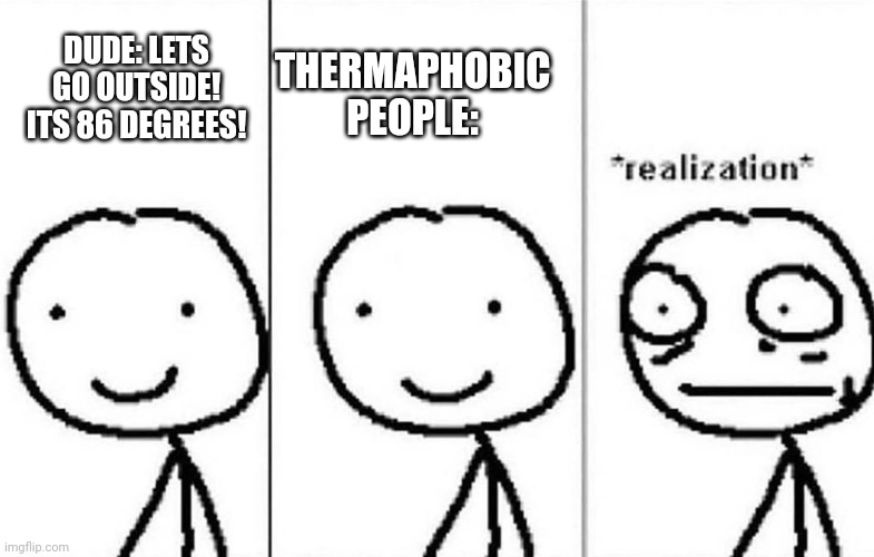 Relatable memes #2 | DUDE: LETS GO OUTSIDE! ITS 86 DEGREES! THERMAPHOBIC PEOPLE: | image tagged in realization,memes,lol,relatable memes | made w/ Imgflip meme maker