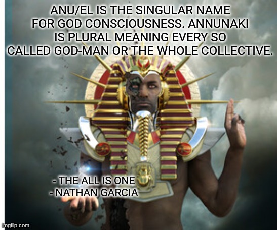 ANU/EL IS THE SINGULAR NAME FOR GOD CONSCIOUSNESS. ANNUNAKI IS PLURAL MEANING EVERY SO CALLED GOD-MAN OR THE WHOLE COLLECTIVE. - THE ALL IS ONE
- NATHAN GARCIA | image tagged in spirituality | made w/ Imgflip meme maker
