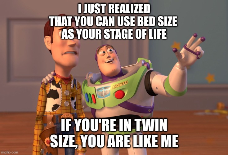 new way of telling how old you are | I JUST REALIZED
THAT YOU CAN USE BED SIZE 
AS YOUR STAGE OF LIFE; IF YOU'RE IN TWIN SIZE, YOU ARE LIKE ME | image tagged in memes,x x everywhere,nice,bruh | made w/ Imgflip meme maker