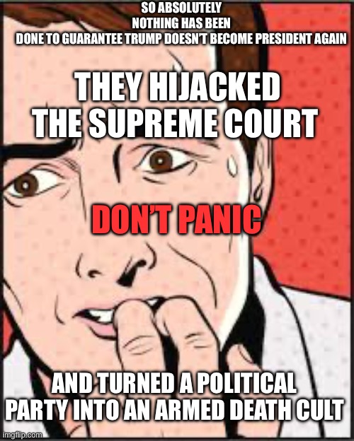 Oh NO | SO ABSOLUTELY NOTHING HAS BEEN DONE TO GUARANTEE TRUMP DOESN’T BECOME PRESIDENT AGAIN; THEY HIJACKED THE SUPREME COURT; DON’T PANIC; AND TURNED A POLITICAL PARTY INTO AN ARMED DEATH CULT | image tagged in oh no | made w/ Imgflip meme maker