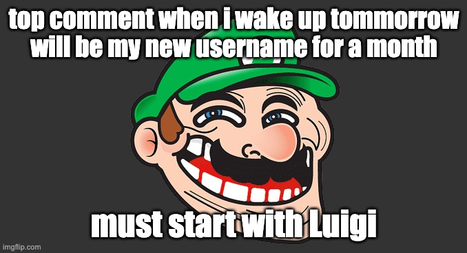 just like TBMR lmao | top comment when i wake up tommorrow will be my new username for a month; must start with Luigi | image tagged in luigi troll face | made w/ Imgflip meme maker