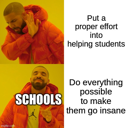 Why do schools do this? | Put a proper effort into helping students; Do everything possible to make them go insane; SCHOOLS | image tagged in memes,drake hotline bling | made w/ Imgflip meme maker