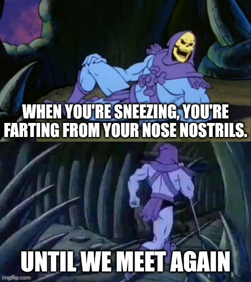 Sneezing | WHEN YOU'RE SNEEZING, YOU'RE FARTING FROM YOUR NOSE NOSTRILS. UNTIL WE MEET AGAIN | image tagged in skeletor disturbing facts,funny,memes,until we meet again,he man skeleton advices,change my mind | made w/ Imgflip meme maker