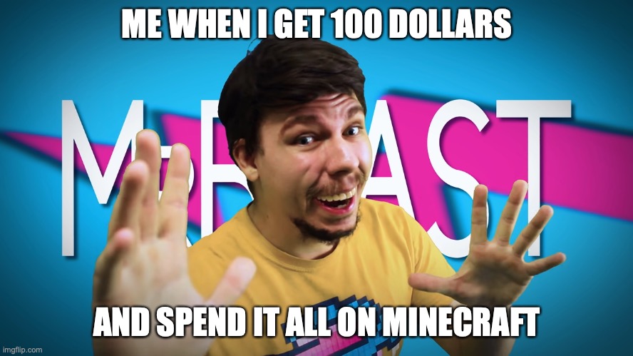 Fake MrBeast | ME WHEN I GET 100 DOLLARS; AND SPEND IT ALL ON MINECRAFT | image tagged in fake mrbeast | made w/ Imgflip meme maker