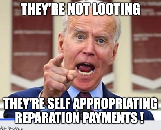 Joe Biden no malarkey | THEY'RE NOT LOOTING THEY'RE SELF APPROPRIATING REPARATION PAYMENTS ! | image tagged in joe biden no malarkey | made w/ Imgflip meme maker