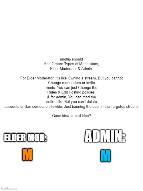 imgflip should Add 2 more Types of Moderators,
Elder Moderator & Admin.
 
For Elder Moderator, It's like Owning a stream, But you cannot Change moderators or invite mods. You can just Change the Rules & Edit Posting policies.
& for admin, You can mod the entire site, But you can't delete accounts or Ban someone sitewide, Just banning the user in the Targeted stream.
 
Good idea or bad idea? ELDER MOD:; ADMIN:; M; M | image tagged in imgflip | made w/ Imgflip meme maker