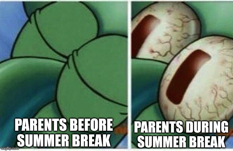 Parents in summer break | PARENTS BEFORE SUMMER BREAK; PARENTS DURING SUMMER BREAK | image tagged in squidward,fun,memes,summer,summer vacation,summer time | made w/ Imgflip meme maker