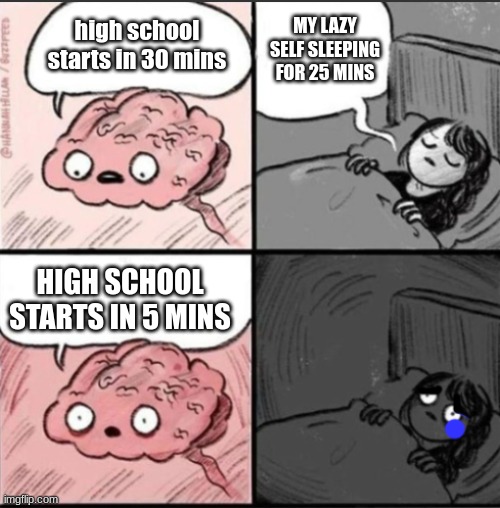 sad night | MY LAZY SELF SLEEPING FOR 25 MINS; high school starts in 30 mins; HIGH SCHOOL STARTS IN 5 MINS | image tagged in sad night | made w/ Imgflip meme maker