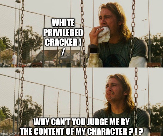 First World Stoner Problems Meme | WHITE PRIVILEGED CRACKER !
/ WHY CAN'T YOU JUDGE ME BY THE CONTENT OF MY CHARACTER ? ! ? | image tagged in memes,first world stoner problems | made w/ Imgflip meme maker