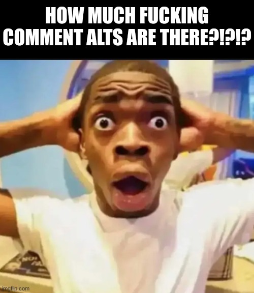 why are there so much | HOW MUCH FUCKING COMMENT ALTS ARE THERE?!?!? | image tagged in surprised black guy,silly | made w/ Imgflip meme maker