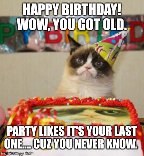 Closer to death | HAPPY BIRTHDAY!  WOW, YOU GOT OLD. PARTY LIKES IT'S YOUR LAST ONE.... CUZ YOU NEVER KNOW. | image tagged in memes,grumpy cat,happy birthday,funny memes | made w/ Imgflip meme maker