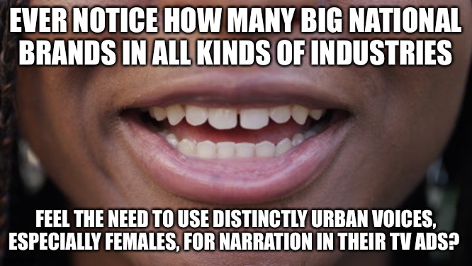 EVER NOTICE HOW MANY BIG NATIONAL BRANDS IN ALL KINDS OF INDUSTRIES; FEEL THE NEED TO USE DISTINCTLY URBAN VOICES, ESPECIALLY FEMALES, FOR NARRATION IN THEIR TV ADS? | image tagged in memes | made w/ Imgflip meme maker