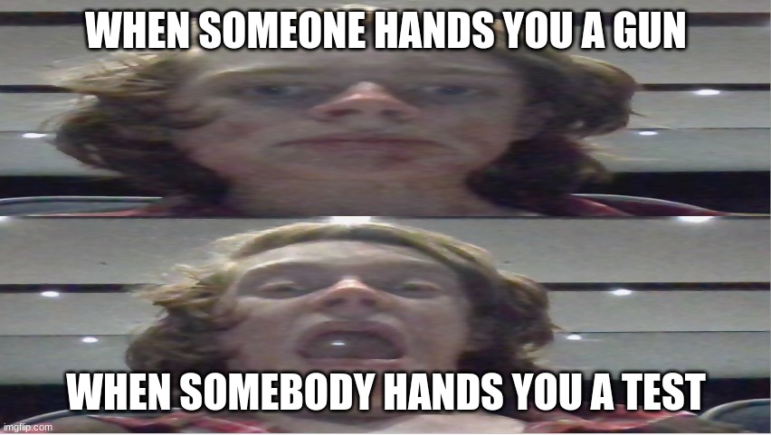 Screaming for the wrong reasons | WHEN SOMEONE HANDS YOU A GUN; WHEN SOMEBODY HANDS YOU A TEST | image tagged in screaming for the wrong reasons | made w/ Imgflip meme maker