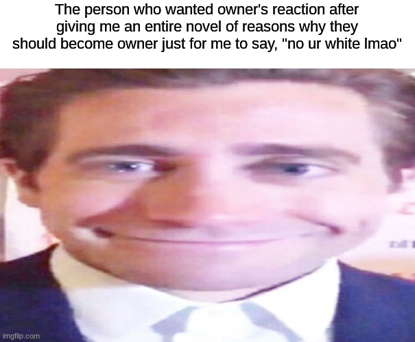 wide jake gyllenhaal | The person who wanted owner's reaction after giving me an entire novel of reasons why they should become owner just for me to say, "no ur white lmao" | image tagged in wide jake gyllenhaal | made w/ Imgflip meme maker