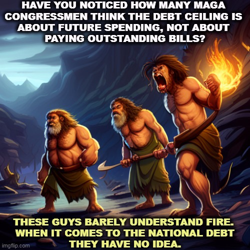 HAVE YOU NOTICED HOW MANY MAGA 
CONGRESSMEN THINK THE DEBT CEILING IS 
ABOUT FUTURE SPENDING, NOT ABOUT 
PAYING OUTSTANDING BILLS? THESE GUYS BARELY UNDERSTAND FIRE. 
WHEN IT COMES TO THE NATIONAL DEBT
THEY HAVE NO IDEA. | image tagged in right wing,conservative,maga,congress,cavemen,idiots | made w/ Imgflip meme maker