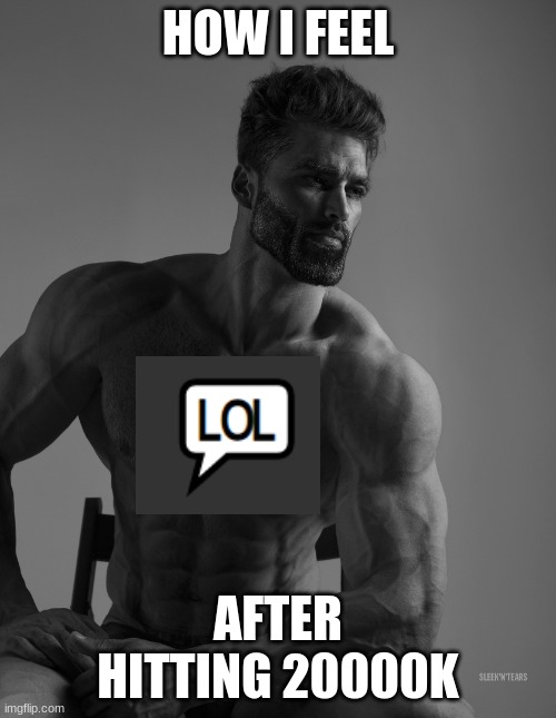 LOL | HOW I FEEL; AFTER HITTING 20000K | image tagged in giga chad | made w/ Imgflip meme maker